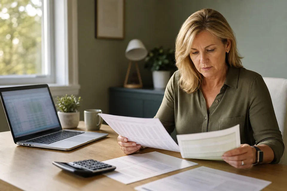 Controller comparing a printed trial balance with a bank statement at her desk