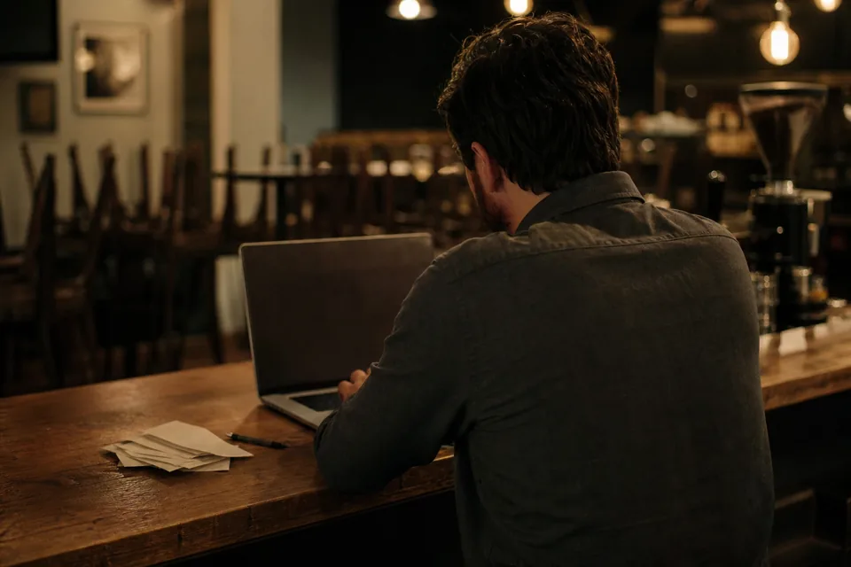 Small business owner reviewing the day's card sales and deposits on a laptop after closing